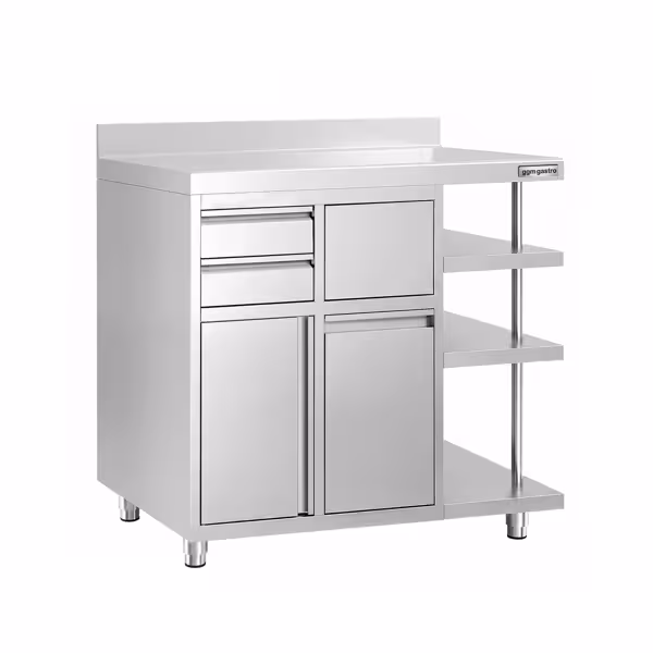 Arbetsskåp – för kaffebryggare – 1200 x 600 mm – med 1 svängdörr, 2 lådor, papperskorg, 3 hyllor och upphöjd kant
