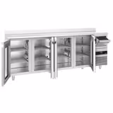 Bar- & Getränkekühltisch PREMIUM - 2690x600mm - mit 4 Glastüren, Aufkantung & Ausklopfer für Kaffee