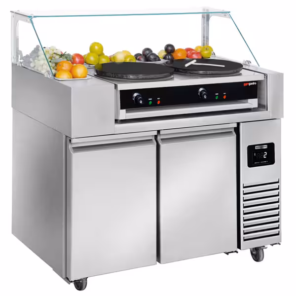 Banco preparazione refrigerato - 1210 mm - 2 porte - per 9x contenitori GN 1/6 - incl. crepiera con 2 piastre