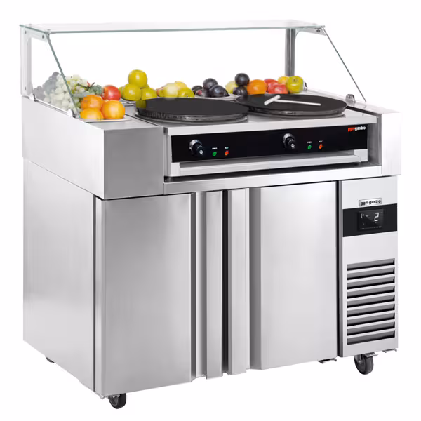 Saladette refrigerada - 1210x700mm - com 2 portas - com para 9x GN 1/6 - incl. Crepeira com 2 placas & espátula de madeira