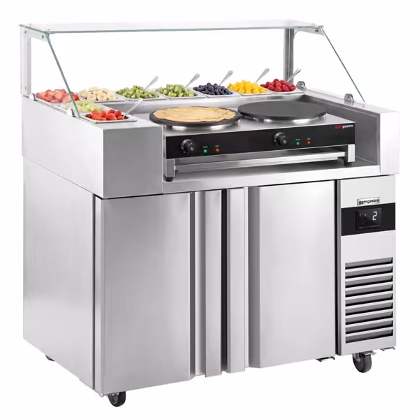 Saladette - 1210x700mm - 2-deurs - voor 9x GN 1/6 - incl. crêpesapparaat met 2 borden