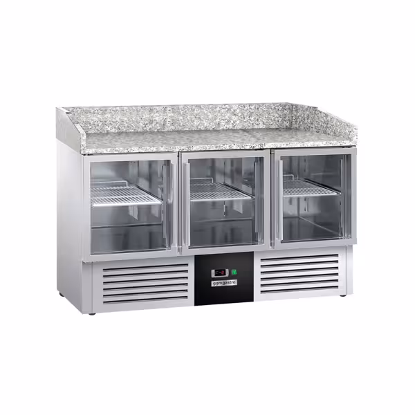 PREMIUM pizza hűtőasztal - 1,4 x 0,7 m - 3 üvegajtóval