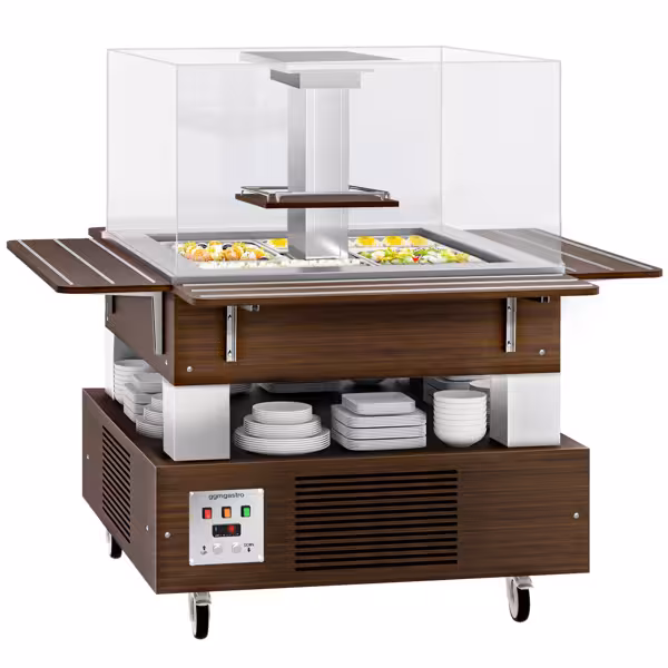 Balcão de buffet frio DUBLIN - 1700mm - com protetor de vidro reto & com rodízios - para 4x GN 1/1 - Castanho