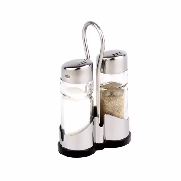 (6 pcs) Salt and Pepper Cruet Set and Stand ECONOMIC - 2-piece - Stainless steel stand - Glass; Stainless steel lid - with twist cap - incl. 2 salt & pepper shakers; stand