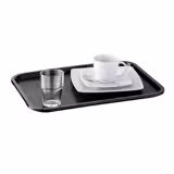 (6 db) Gyorséttermi tálca FAST FOOD - Polipropilén - 410x305 mm - Magasság: 25 mm - fekete - texturált felület, törésálló, mosogatógépben mosható, egymásba rakható