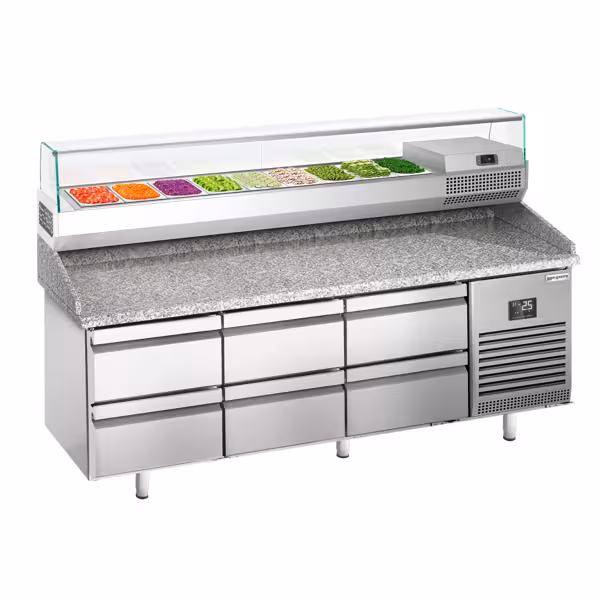 Pizzawerkbank PREMIUM PLUS - 1980x700mm - met granieten werkblad - met 6 laden - incl. glasvitrine - 9x GN 1/4