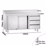 Mesa armario inox PREMIUM - 1400x700mm - con estante intermedio | con 3 cajones derecha & con peto