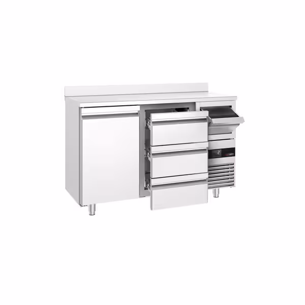 Mesa de refrigeración para bar - 1,58 m - con 1 puerta, 3 cajones 1/3, zócalo y aldabas para café