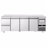 Arrière-bar réfrigéré professionnel PREMIUM - 2690 x 600 mm - avec 3 portes et 2 tiroirs - avec dosseret - avec tiroir à marc de café