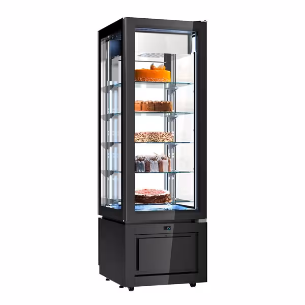 4-Sided Glass Display Freezer - 324L - 600mm - Double glazing - square - with 5 glass shelves - 1 glass door - Black