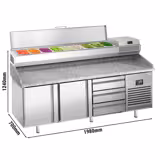 Commercial Pizza Prep Counter - Granite Top PREMIUM PLUS - 1980x700mm - with 2 doors & 3 drawers - incl. refrigerated topping unit - 9x GN 1/4