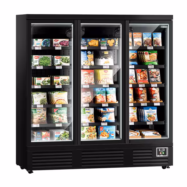 Commercial wall-mounted freezer display shelving - 1890 mm - 1539 litres - with 3 double-glazed hinged doors and 5 shelves
