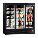 Commercial wall-mounted freezer display shelving - 1890 mm - 1539 litres - with 3 double-glazed hinged doors and 5 shelves