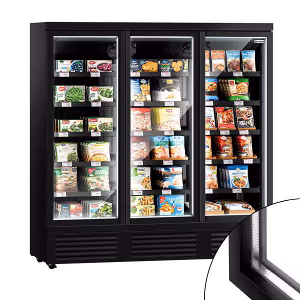 Commercial multideck display freezer - 1890mm - 1539L - with 3 hinged glass doors & 5 shelves - Black