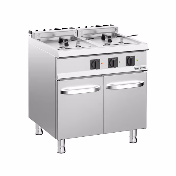 Dubbele elektrische friteuse - 18+18 liter - 28 kW - met aftapkraan - incl. onderbouw (2 deuren)
