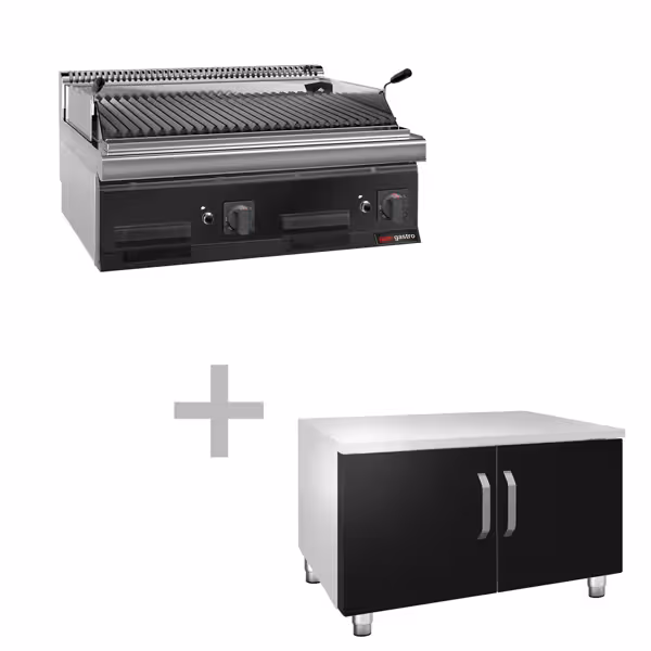 Gas lavasteengrill - 7kW - 0,8x0,7m - Gietijzeren rooster - 2 grillroosters - Staand model - 700mm diep - Zwart - incl. onderbouwkast met 2 deuren