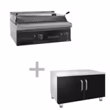 Griglia a pietra lavica a gas - 7kW - Griglia in ghisa - Su mobile - Profondità 700 - Acciaio inox - Frontale nero - incl. base armadiata con 2 porte