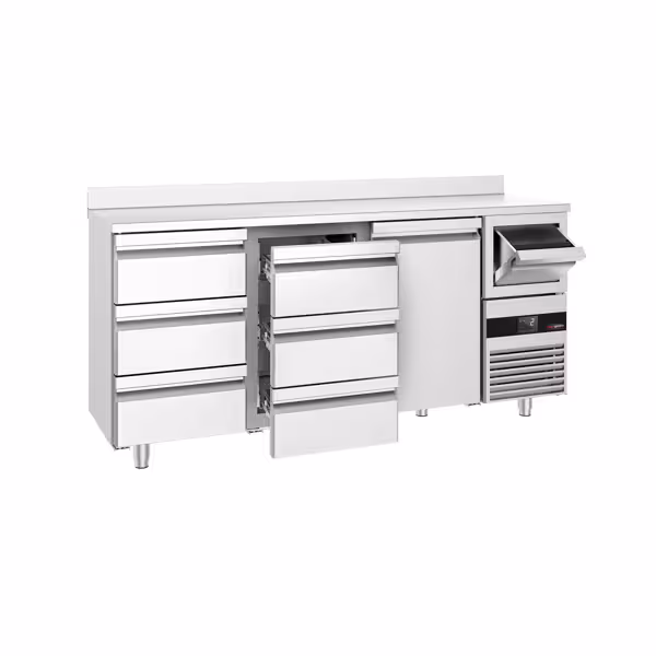 Bar- & Getränkekühltisch PREMIUM - 2130x600mm - mit 1 Tür, 6 Schubladen, Aufkantung & Ausklopfer für Kaffee