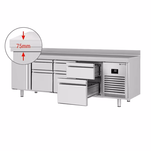 Kühltisch Premium PLUS - 2452x600mm - mit 1 Tür - 6 Schubladen - mit Aufkantung