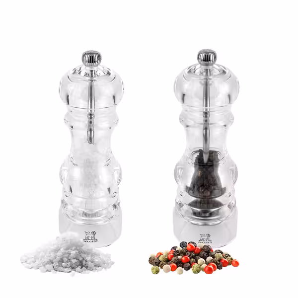 (12 pieces) PEUGEOT | NANCY Salt & Pepper Mill Set – Acrylic - 18 cm - Steel Salt & 2-Stage SS Pepper