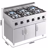 Cucina a gas professionale - MARIO 700 - 1200x700x1000mm - 36,0 kW - 6 fuochi - su armadio chiuso con 3 porte