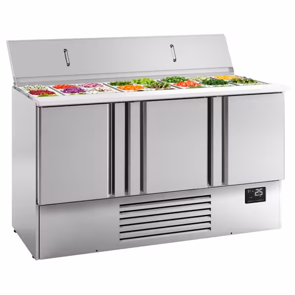 Saladette réfrigérée PREMIUM PLUS - 1460mm - 335L - 3 portes - avec découpe pour 9x GN 1/3 & Couvercle inox & 6x GN 1/6