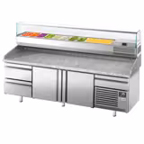 Table réfrigérée à pizza Premium PLUS - 2305 x 800 mm - avec 2 portes & 3 tiroirs - incl. vitrine réfrigérée de présentation - 10x GN 1/3