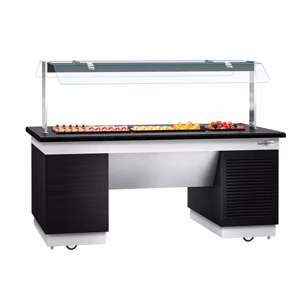 Refrigerated Buffet Display DUBLIN - 2000mm - with Refrigerated Frost Top + Flat Glass Sneeze Guard - on Castors - Black