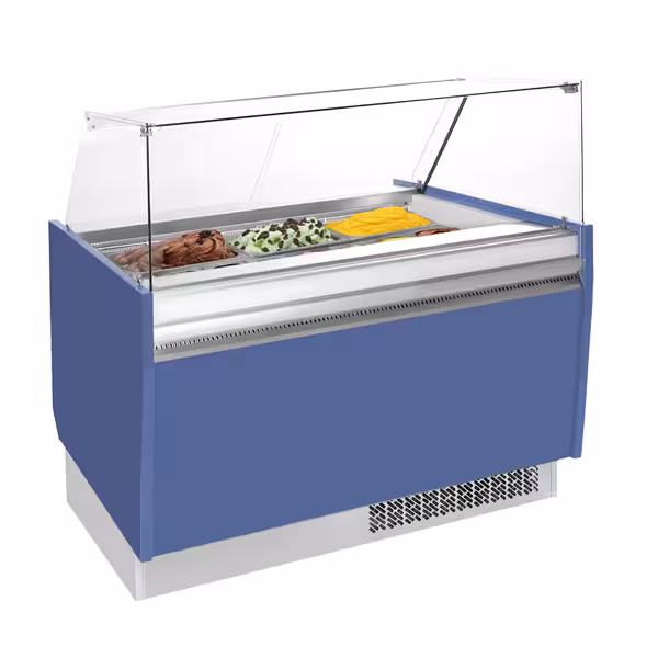 Vetrina Gelato LIAM - 1310mm - Refrigerazione statica - con Illuminazione LED & Sbrinamento automatico - per 10+10x Vasca da gelato da 5 Litri - con riserva inferiore - Blu