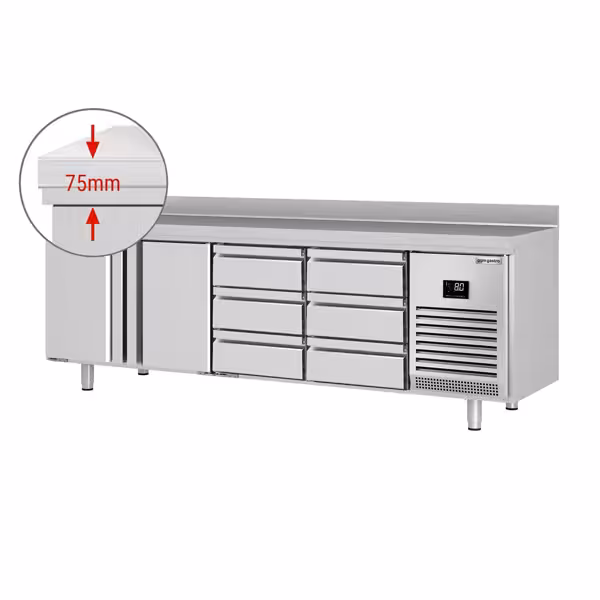 Stół chłodniczy PREMIUM PLUS - 2452x600mm - 510L - z 2 drzwiami - z 6 szufladami - z rantem