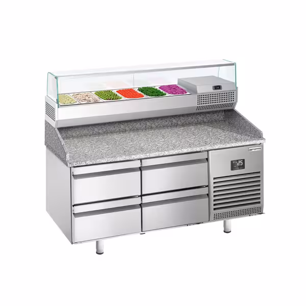 Pizzawerkbank PREMIUM PLUS - 1490x700mm - met granieten werkblad - met 4 laden - incl. glasvitrine - 6x GN 1/4