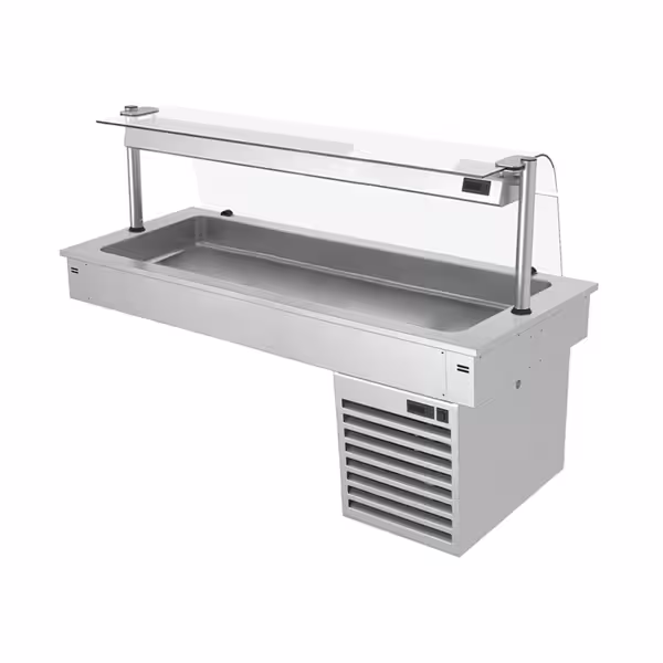 Drop-in koelbak - 1500mm - +2 tot +8°C - 4x GN 1/1 - 390W - met glazen hoestscherm