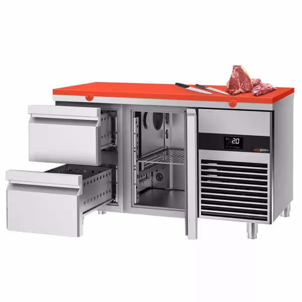 Koelwerkbank PREMIUM - 1400x700mm - kleur rood - met 1 deur - met 2 lades - incl. snijplank rood