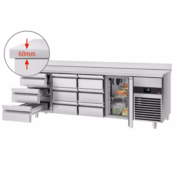Mesa refrigerada PREMIUM - 2,3 x 0,7 m - con 1 puerta y 9 cajones - con soporte superior
