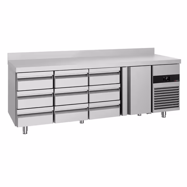 Kühltisch PREMIUM - 2330x700mm - mit 1 Tür - 9 Schubladen - mit Aufkantung