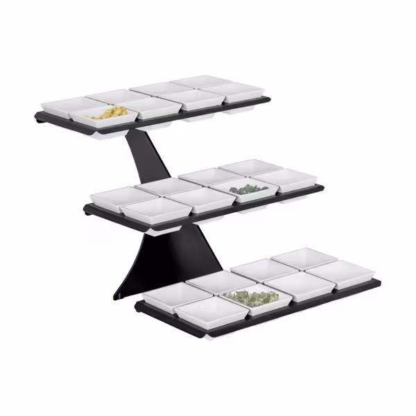 Buffetstandaard - zwart gecoat RVS - 3-laags - 320x460mm - Hoogte: 420mm - incl. 24 melamineschaaltjes 100x100mm