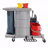 Chariot de ménage - avec portes verrouillables - avec 1 étagères et 1 seaux, presse, sac à linge - Gris