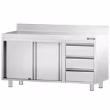 Acero inoxidable Mesa con puertas correderas PREMIUM - 1400x700mm - con estante intermedio | con 3 cajones derecha & con peto