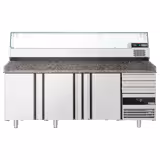 Banco pizza refrigerato PREMIUM - 2150x800mm - con 3 porte & 3 cassetti - piano in granito - con vetrina ingredienti refrigerata superiore - 10x GN 1/3