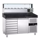 Commercial Pizza Prep Counter - Granite Top PREMIUM - 1500x800mm - with 1 doors & 7 drawers - incl. refrigerated topping unit with glass sneeze guard LED - 7x GN 1/4