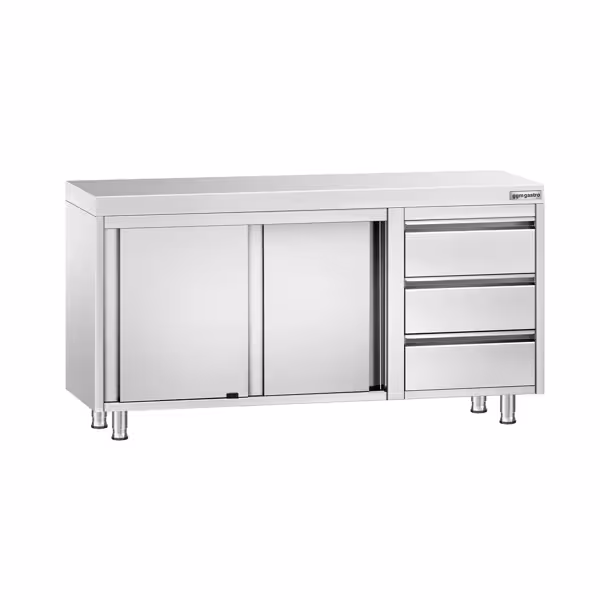 Gesloten RVS werktafel PREMIUM - 1400x600mm - met schuifdeuren, 3 laden rechts