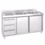 Lavello armadiato PREMIUM - in acciaio inox - 1400x600mm - 3 cassetti - 2 vasche