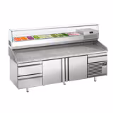 Commercial Pizza Prep Counter - Granite Top PREMIUM PLUS - 3305x800mm - with 3 doors & 3 drawers - incl. refrigerated topping unit with glass sneeze guard - 11x GN 1/4
