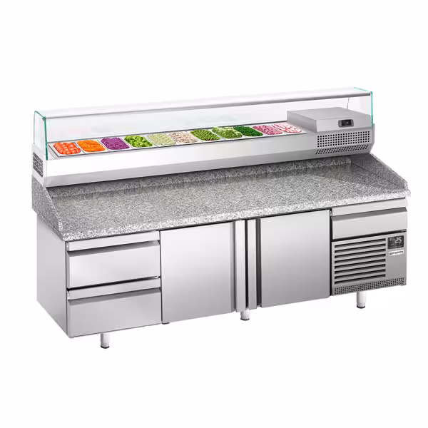 Banco pizza refrigerato PREMIUM PLUS - 2305x800mm - con 2 porte & 2 cassetti - piano in granito - con vetrina ingredienti refrigerata superiore - 11x GN 1/4