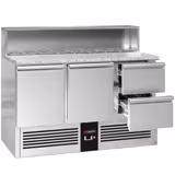 Saladette réfrigérée PREMIUM - 1368mm - 402L - 2 portes & 2 tiroirs - avec découpe pour 8x GN 1/6 & Couvercle inox - plan de travail en granit noir