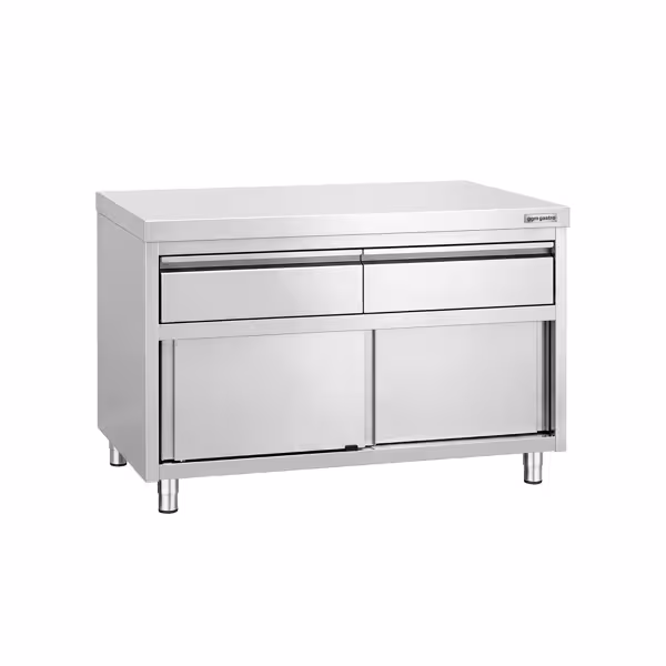 Arbetskåp i rostfritt stål PREMIUM – 1200 x 600 mm – med 2 lådor och skjutdörr
