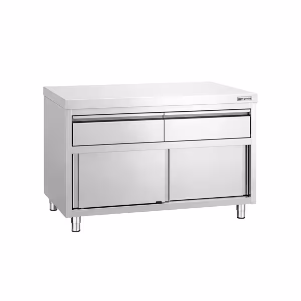 Dulap de lucru din oțel inoxidabil PREMIUM – 1200 x 600 mm – cu 2 sertare și ușă glisantă