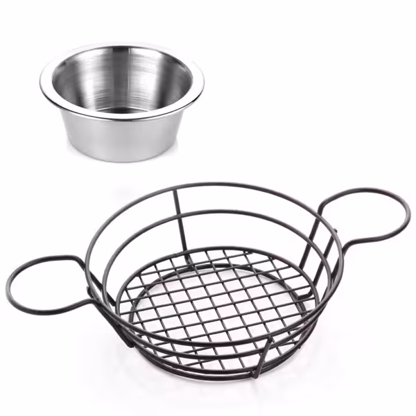 (5 stuks) Frietmandje - RVS - rond - met dipschaaltje - Ø210x60mm