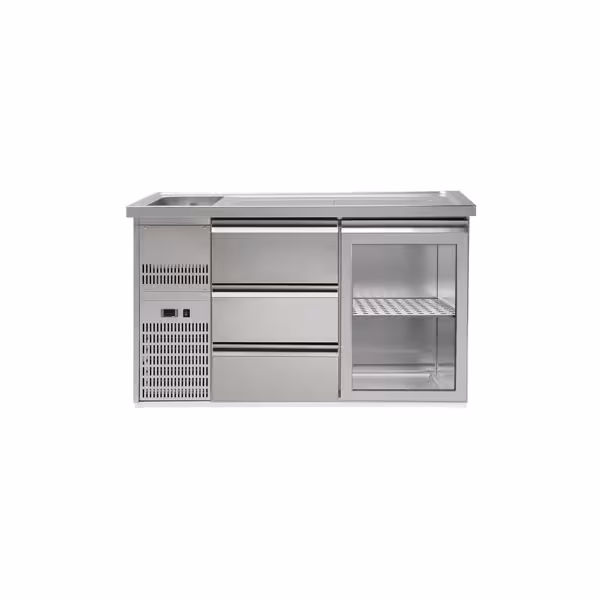 Frigider  pentru bere 1,5 x 0,7 m - cu 1 ușă din sticlă şi 3 sertare 1/3 + 1/3 + 1/3