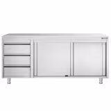 Arbetsskåp i rostfritt stål PREMIUM - 2000x600 mm - med 2 skjutdörrar, 3 lådor vänster